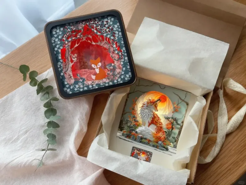 Coffret cadeau : veilleuse Renard, illustration et magnet dans une boîte kraft